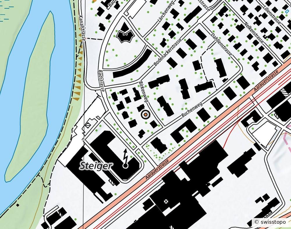 Landeskarte swisstopo mit der markierten Liegenschaft am Birkenweg, zwischen Badstrasse und Buchenweg